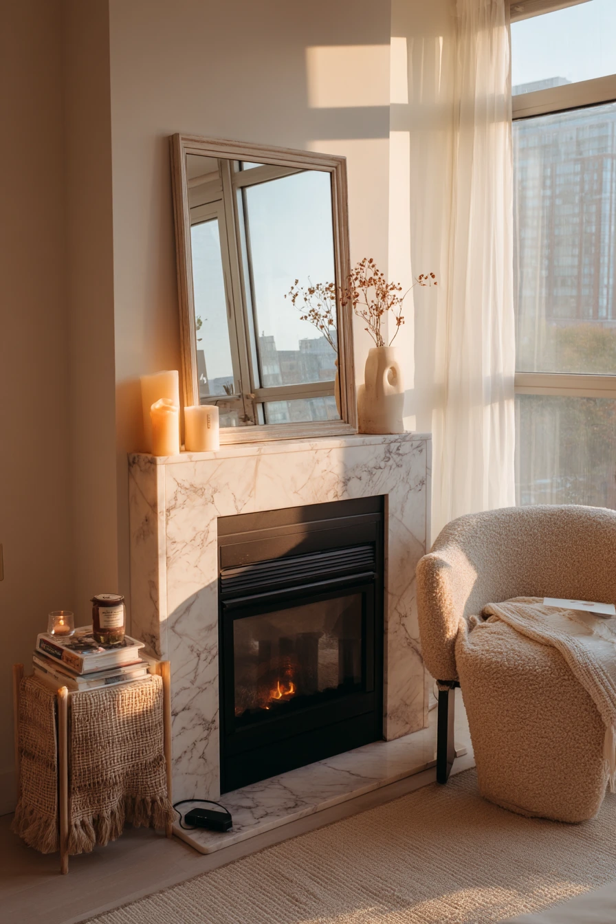 Budget-friendly peel-and-stick tile behind the fireplace