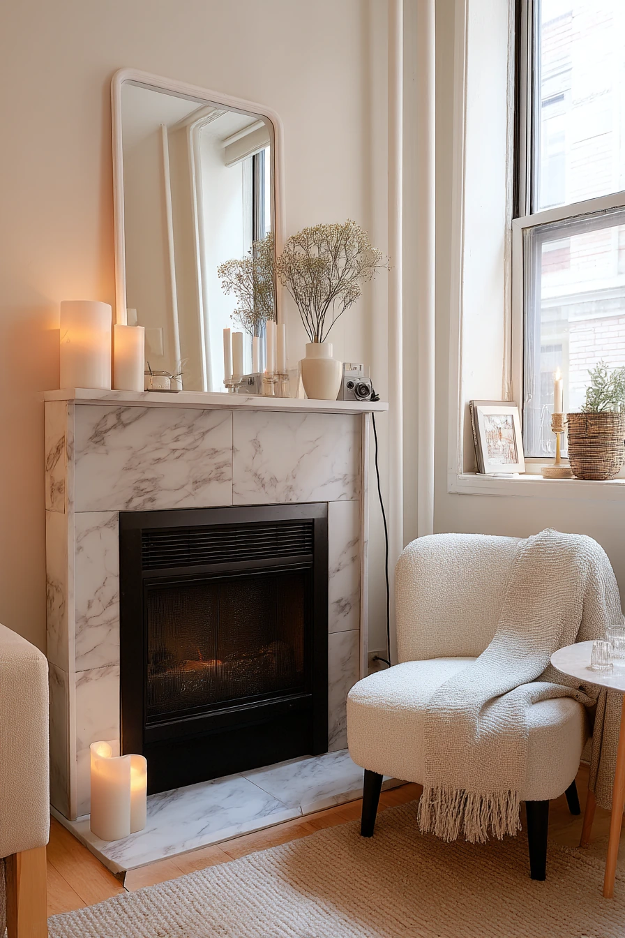Budget-friendly peel-and-stick tile behind the fireplace