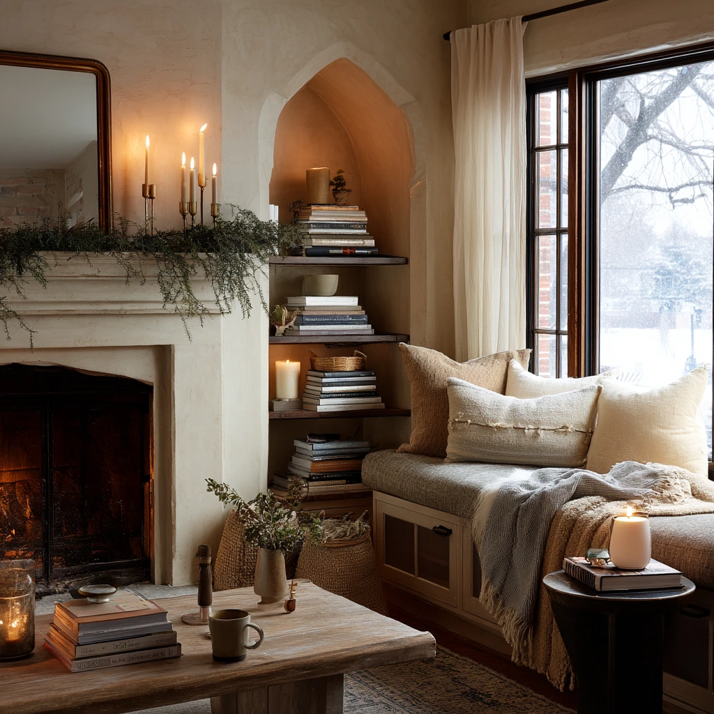 Cozy Winter Hearth with Layered Decor