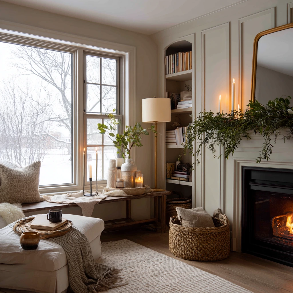 Cozy Winter Hearth with Layered Decor