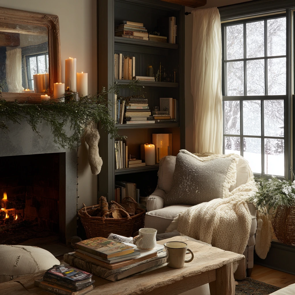 Cozy Winter Hearth with Layered Decor