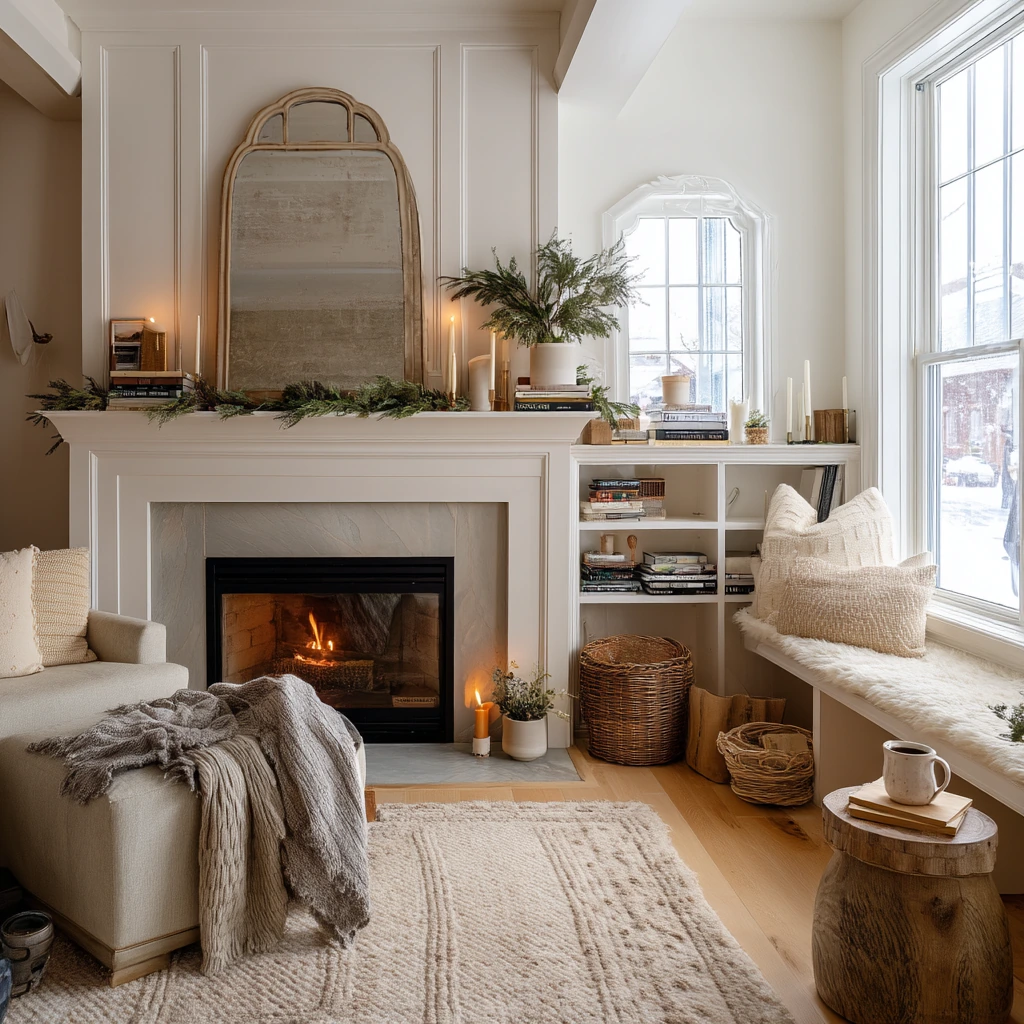 Cozy Winter Hearth with Layered Decor