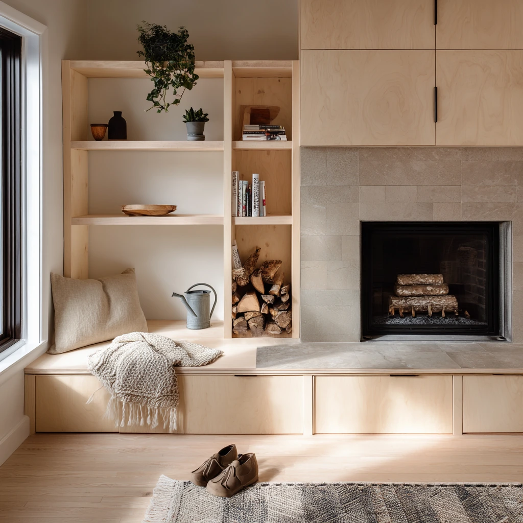 Scandinavian Hearth with Soft Storage and Seating