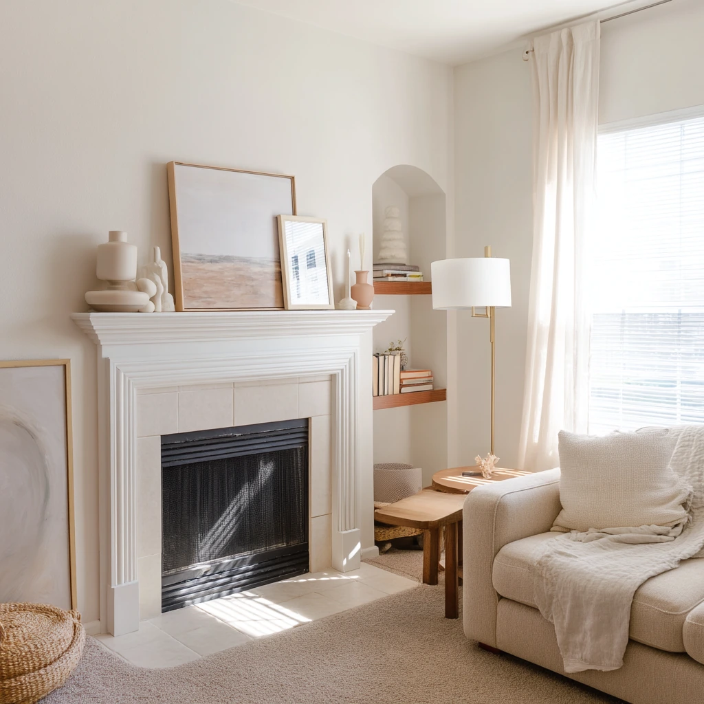 Renter-friendly fireplace shelf styling