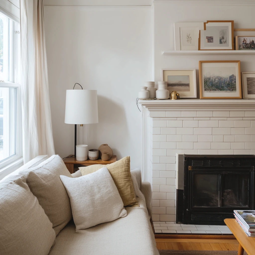 Renter-friendly fireplace shelf styling