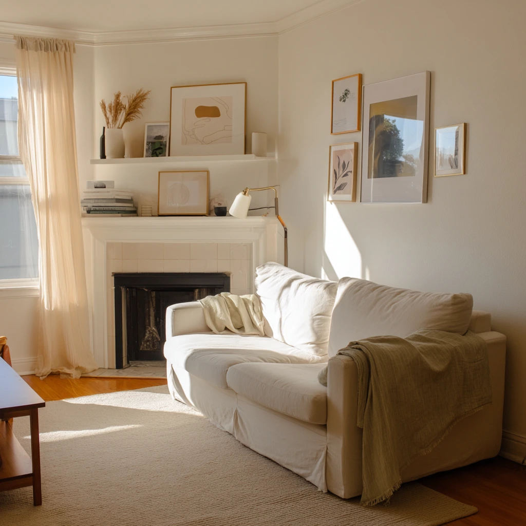 Renter-friendly fireplace shelf styling