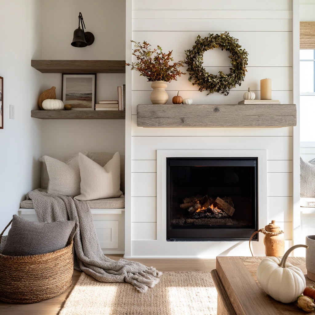 Modern farmhouse fireplace shelves with seasonal restraint