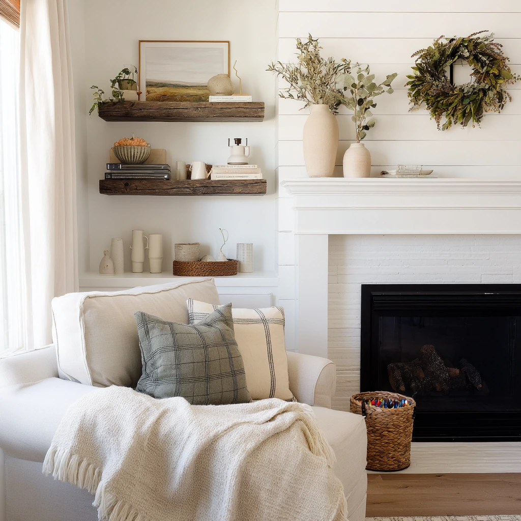 Modern farmhouse fireplace shelves with seasonal restraint
