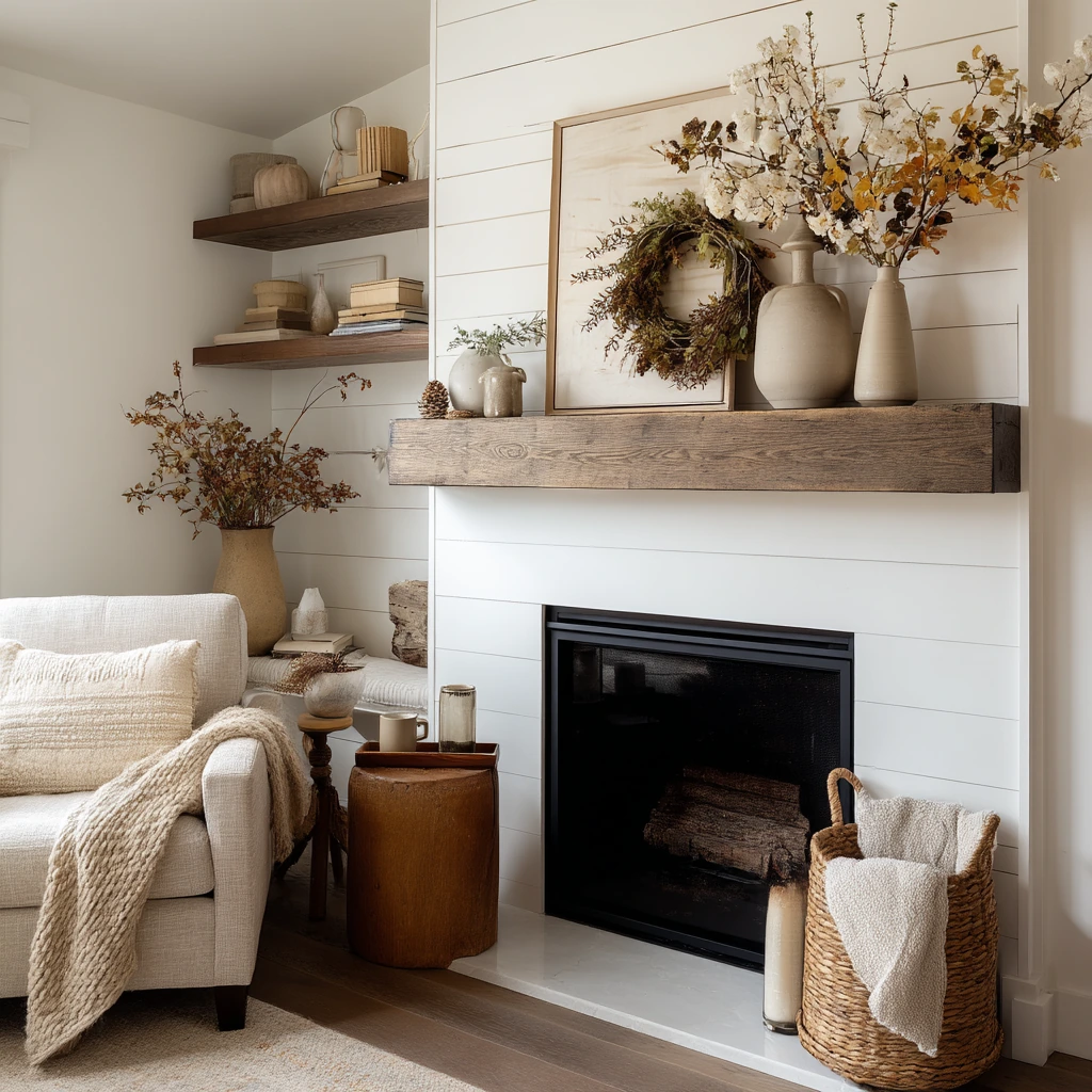 Modern farmhouse fireplace shelves with seasonal restraint