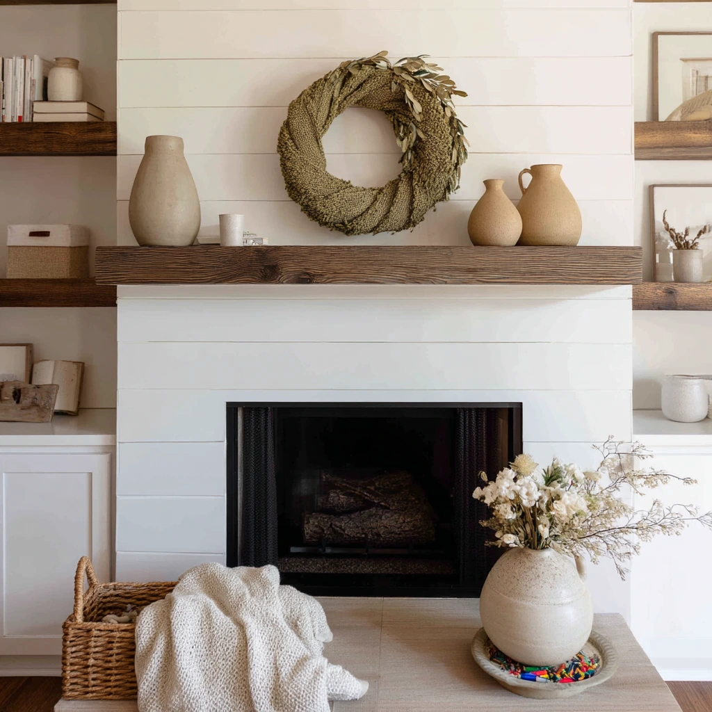 Modern farmhouse fireplace shelves with seasonal restraint