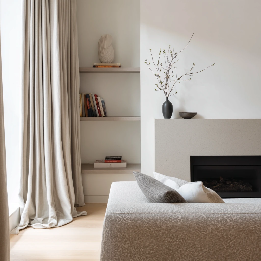 Minimal fireplace shelves for a calm neutral home
