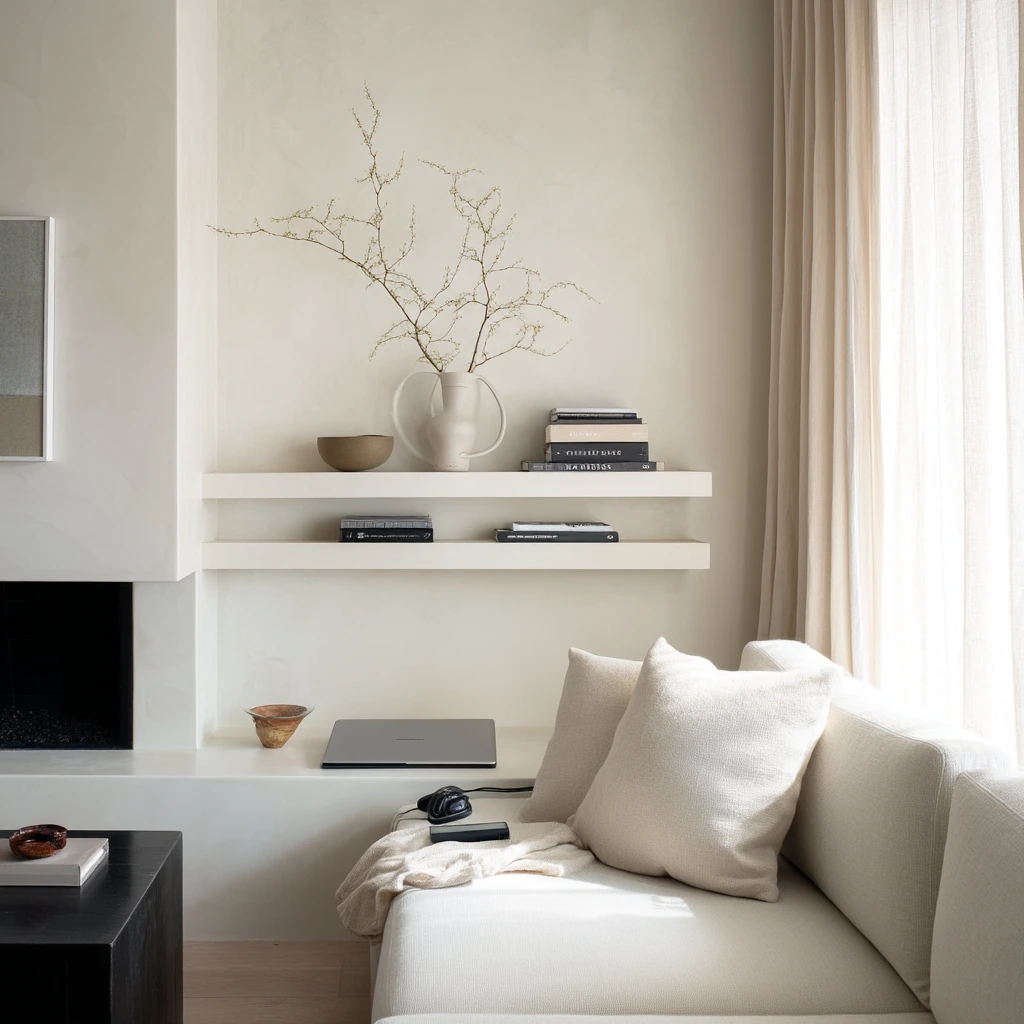 Minimal fireplace shelves for a calm neutral home