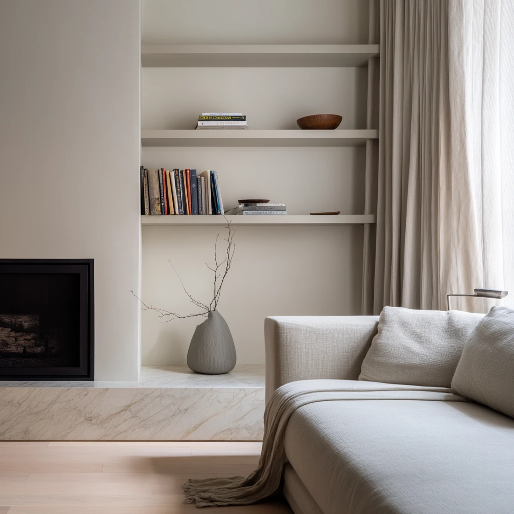 Minimal fireplace shelves for a calm neutral home