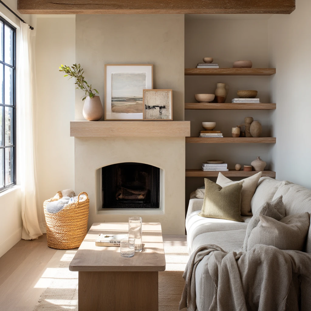 Organic fireplace shelves in a family living room