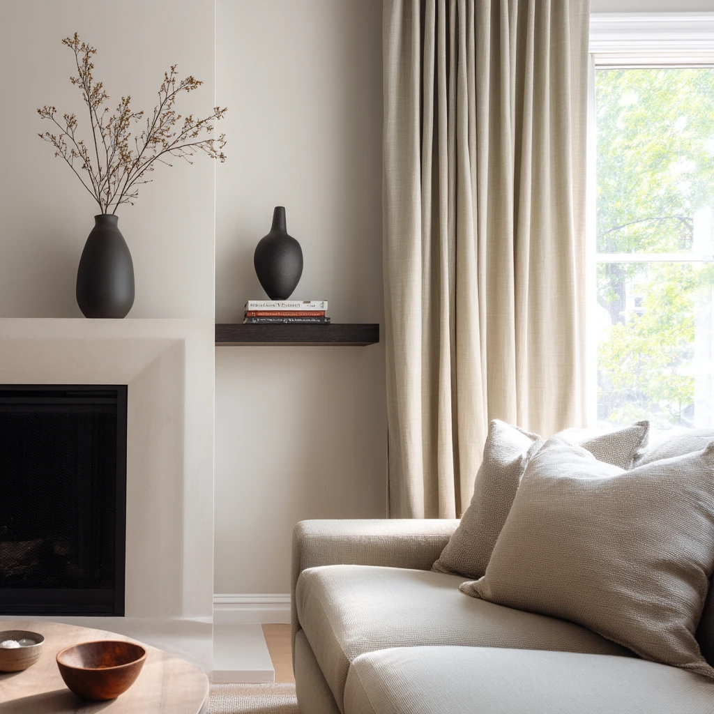 Minimal fireplace shelves for a calm neutral home