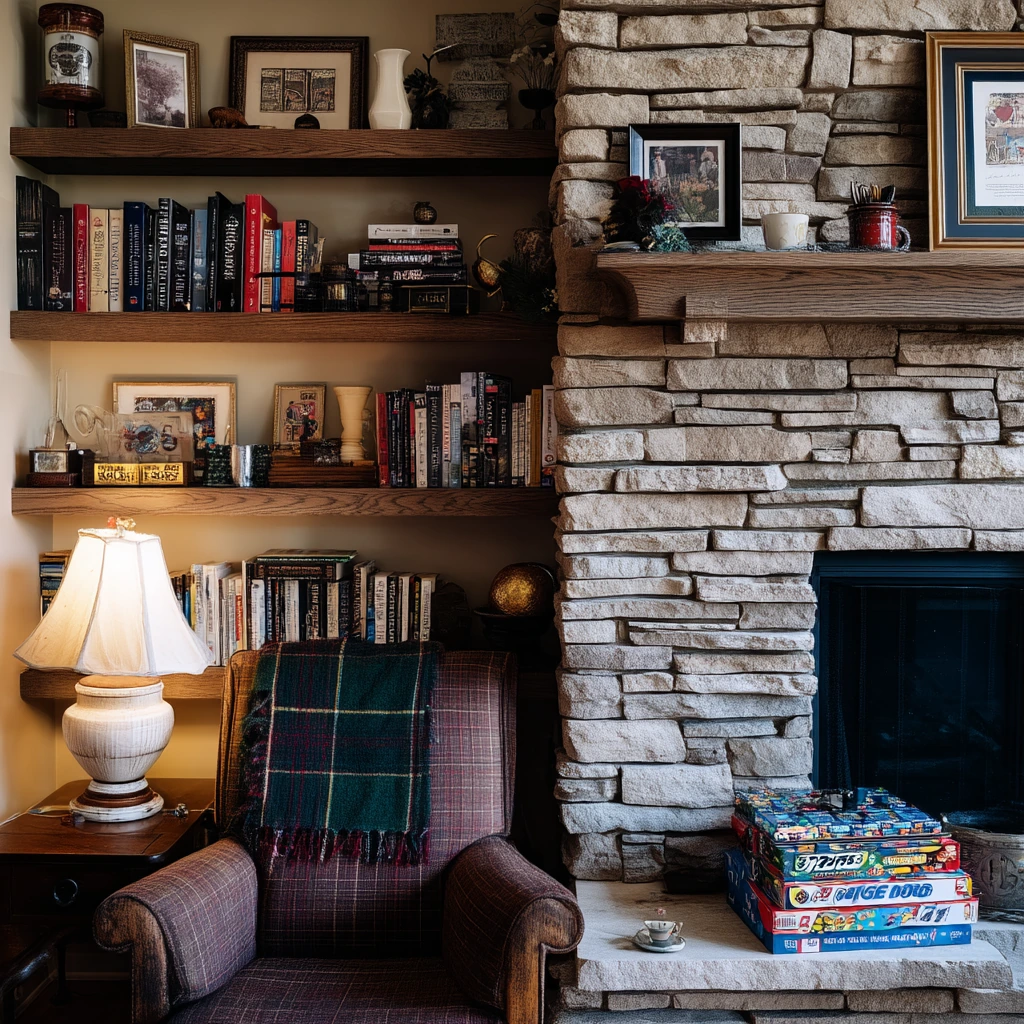 Cozy layered shelves above a stone fireplace