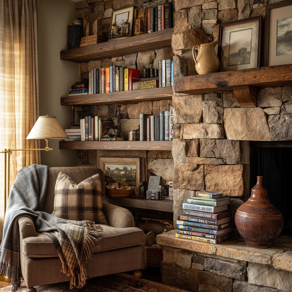 Cozy layered shelves above a stone fireplace