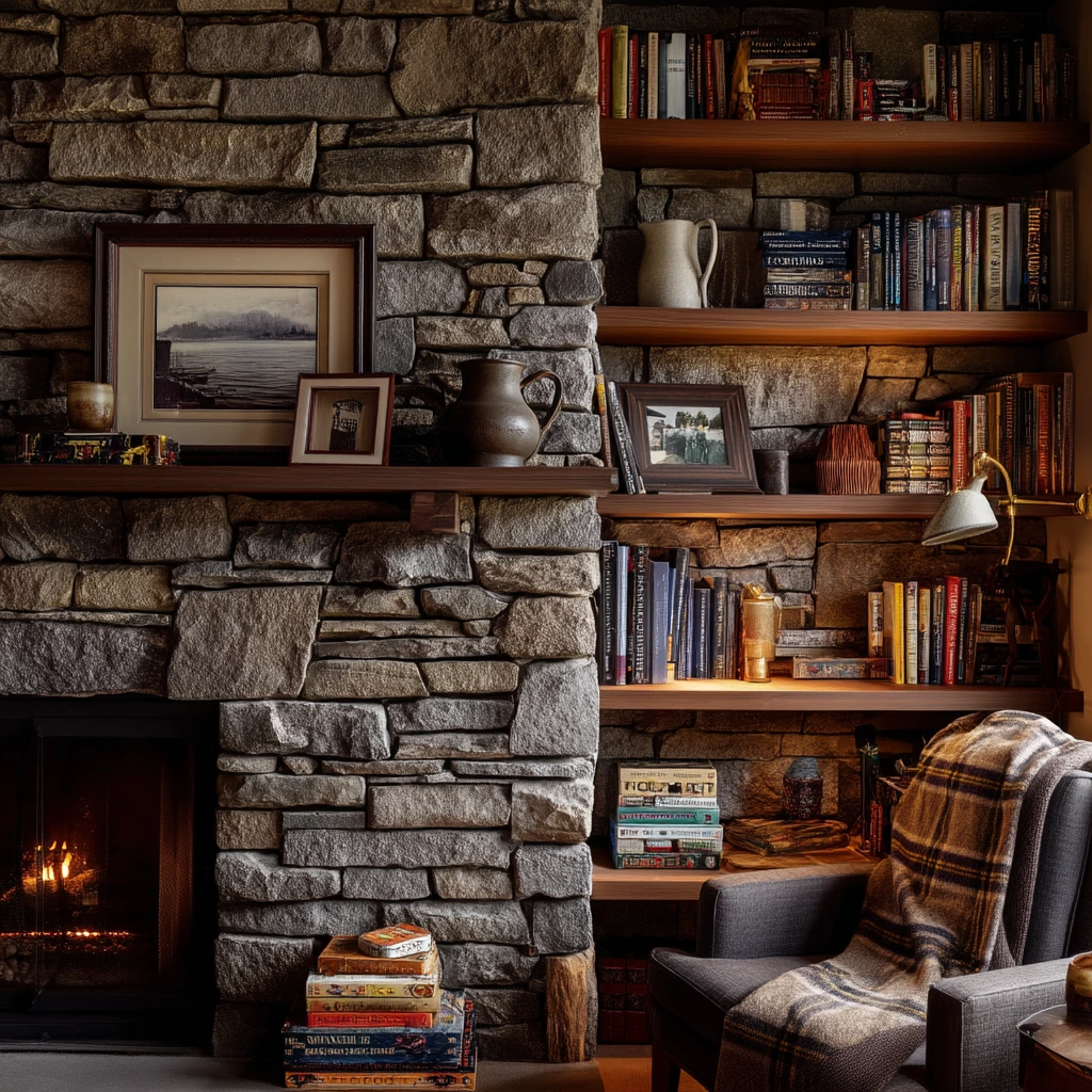 Cozy layered shelves above a stone fireplace
