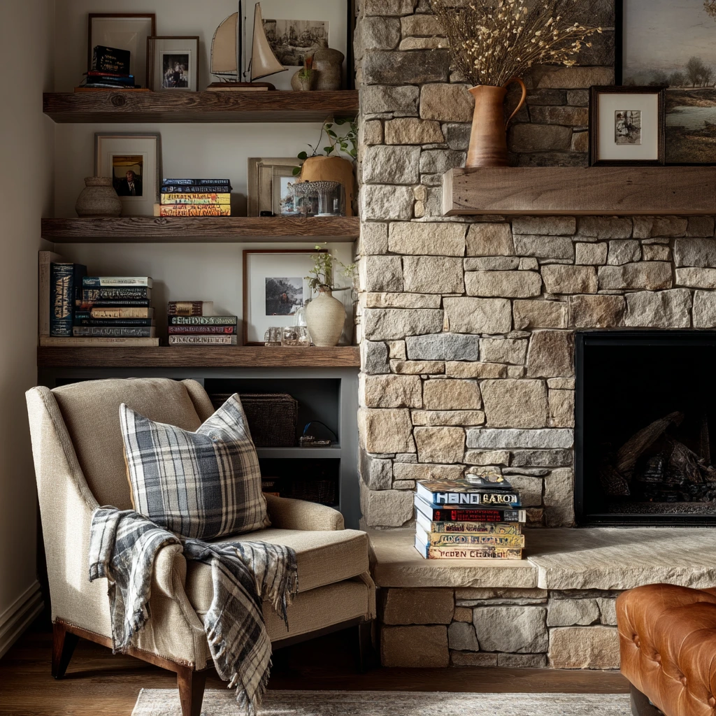 Cozy layered shelves above a stone fireplace