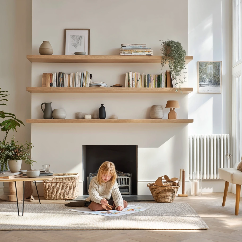 Scandinavian fireplace shelves with functional calm