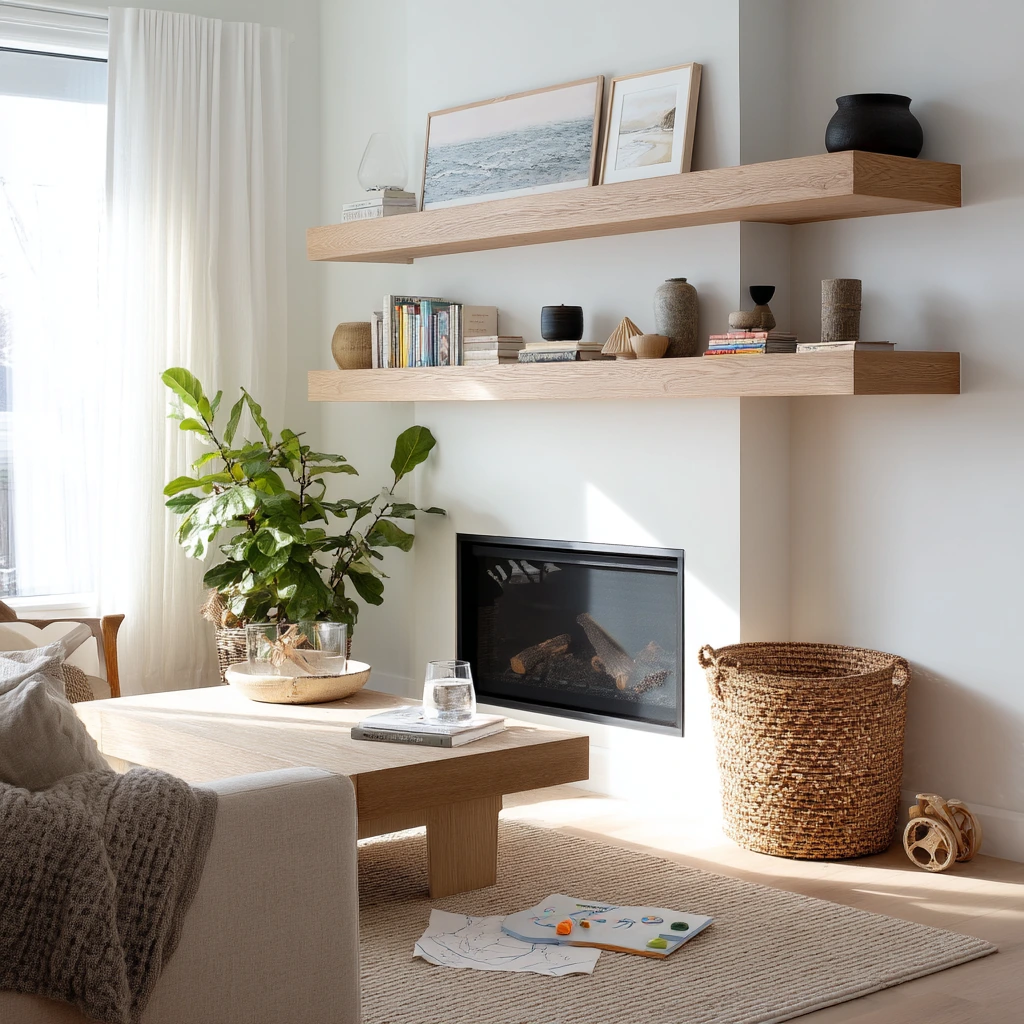 Scandinavian fireplace shelves with functional calm