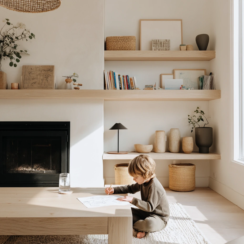Scandinavian fireplace shelves with functional calm