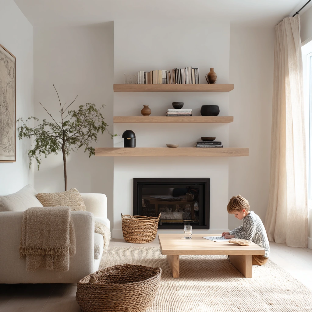 Scandinavian fireplace shelves with functional calm