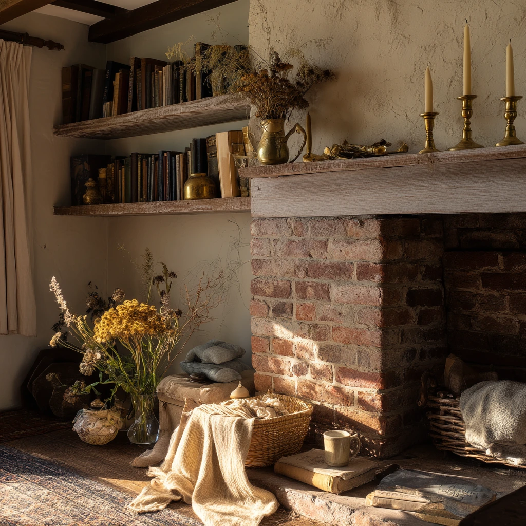 Rustic fireplace shelves in a collected cottage home
