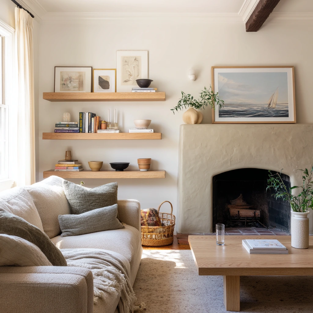 Organic fireplace shelves in a family living room