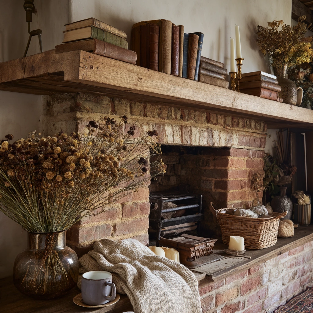Rustic fireplace shelves in a collected cottage home