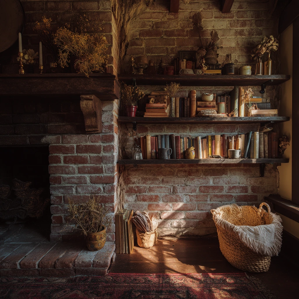 Rustic fireplace shelves in a collected cottage home