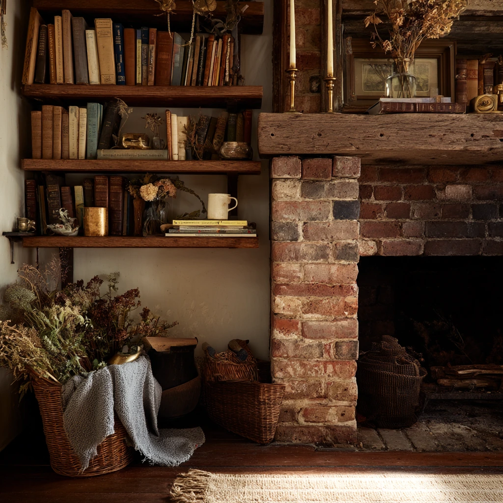 Rustic fireplace shelves in a collected cottage home