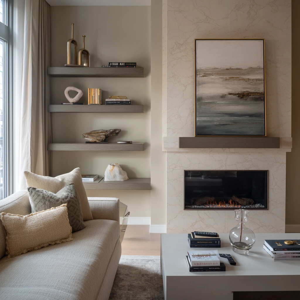 Designer fireplace shelves for a polished everyday room