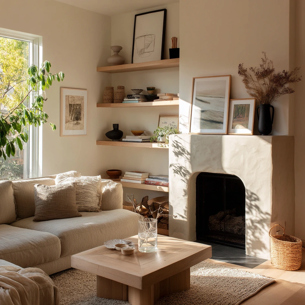 Organic fireplace shelves in a family living room