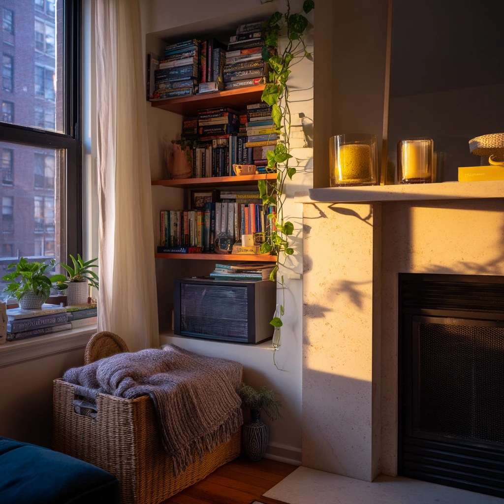 Small-space fireplace shelves for apartment living