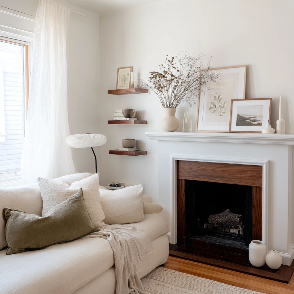 Renter-friendly fireplace shelf styling