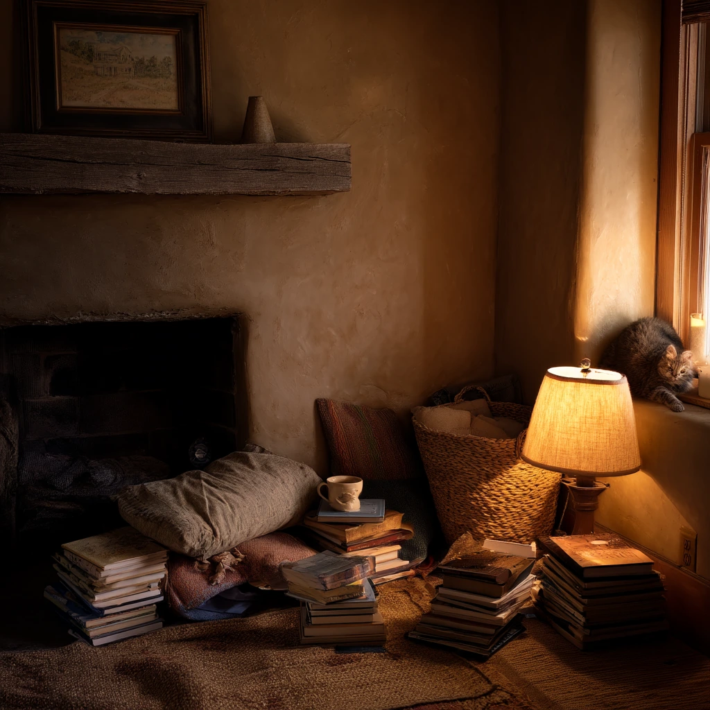 Rustic Fireplace with Reading Nook