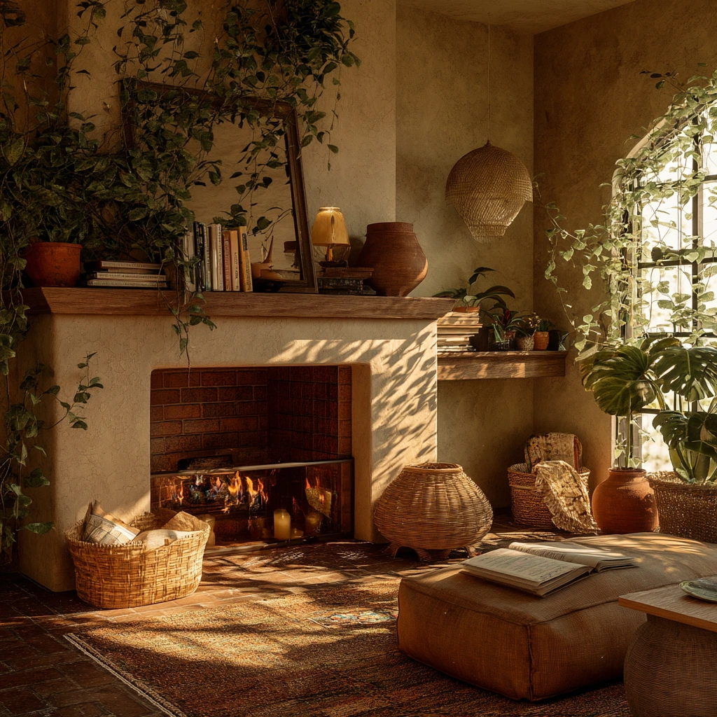 Fireplace Lighting with Plants and Texture