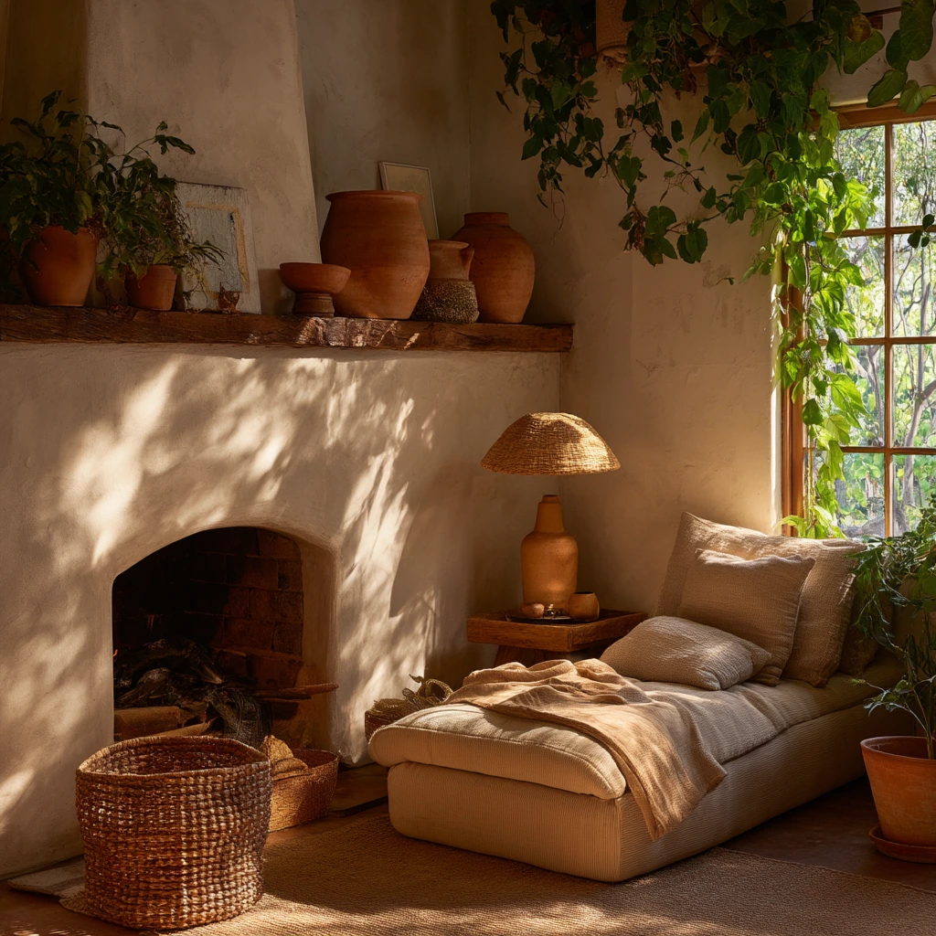 Fireplace Lighting with Plants and Texture