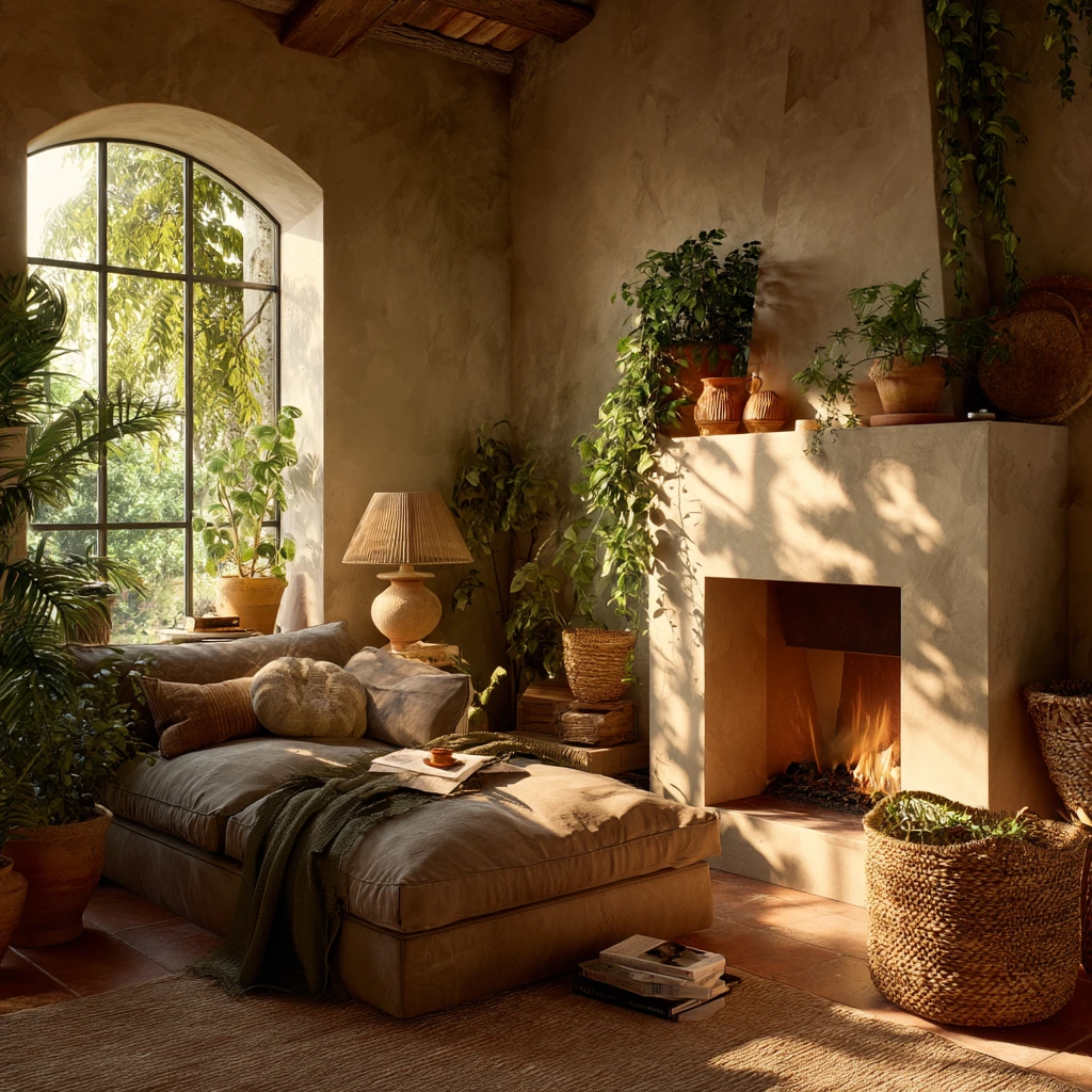 Fireplace Lighting with Plants and Texture