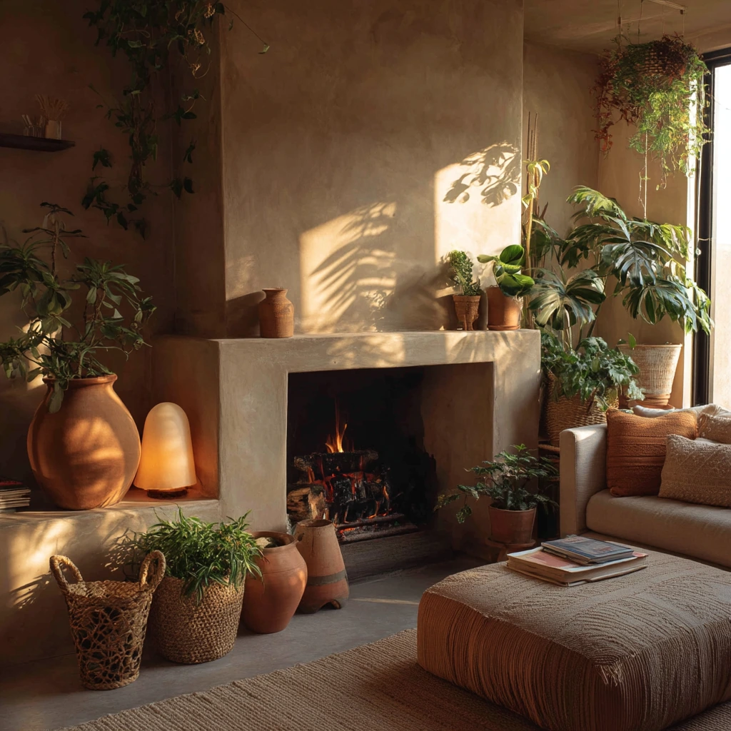 Fireplace Lighting with Plants and Texture