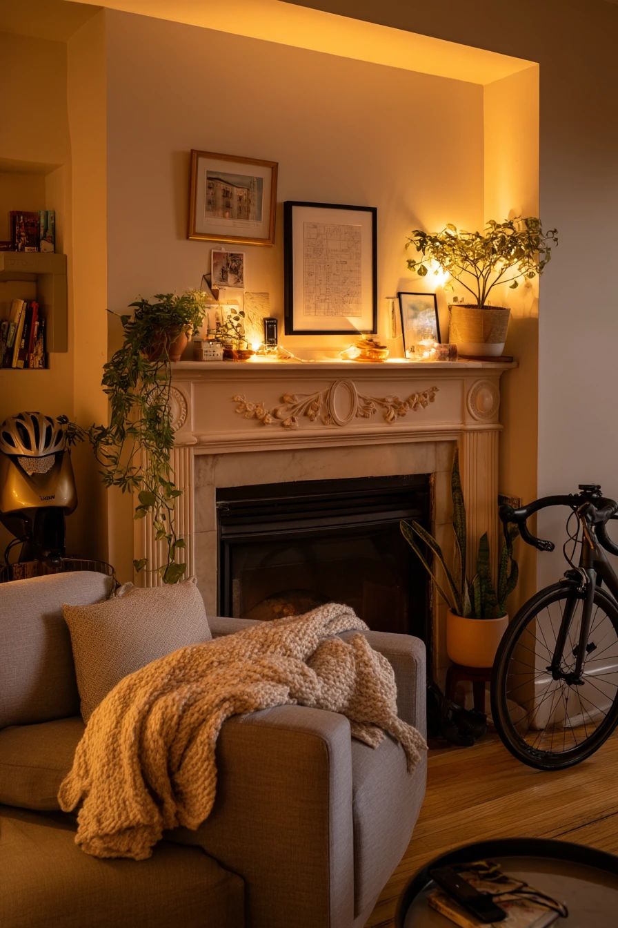 Tiny Apartment Fireplace With Shelf Lights