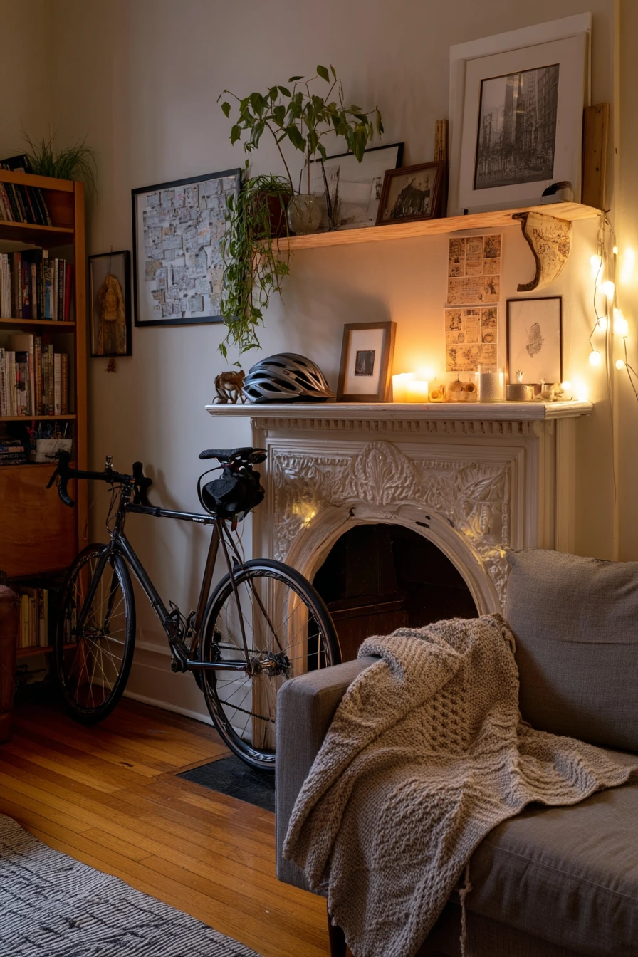 Tiny Apartment Fireplace With Shelf Lights