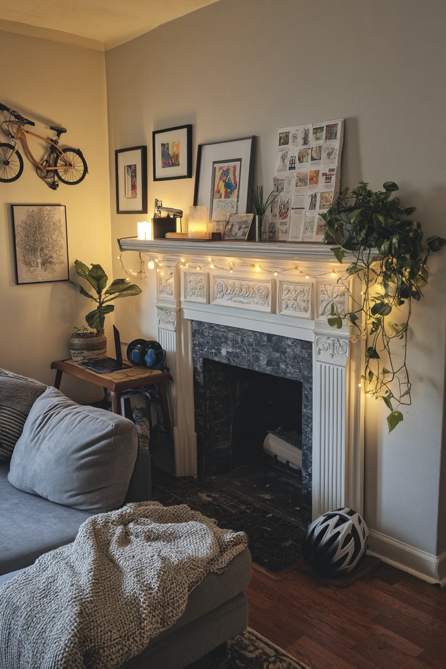 Tiny Apartment Fireplace With Shelf Lights
