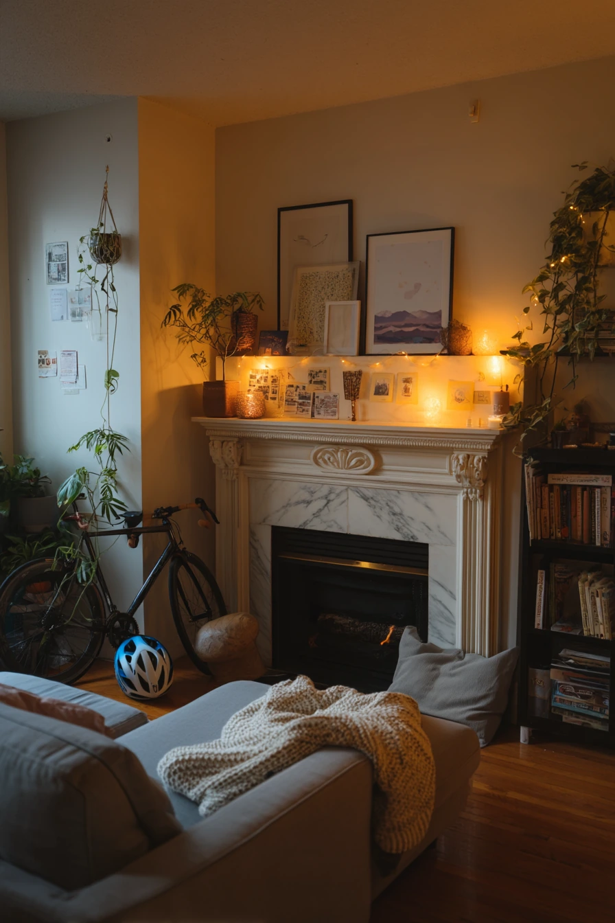 Tiny Apartment Fireplace With Shelf Lights