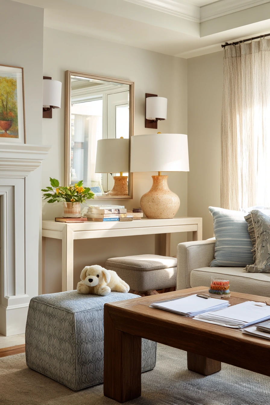 Family Room Mantel With Table Lamp Balance