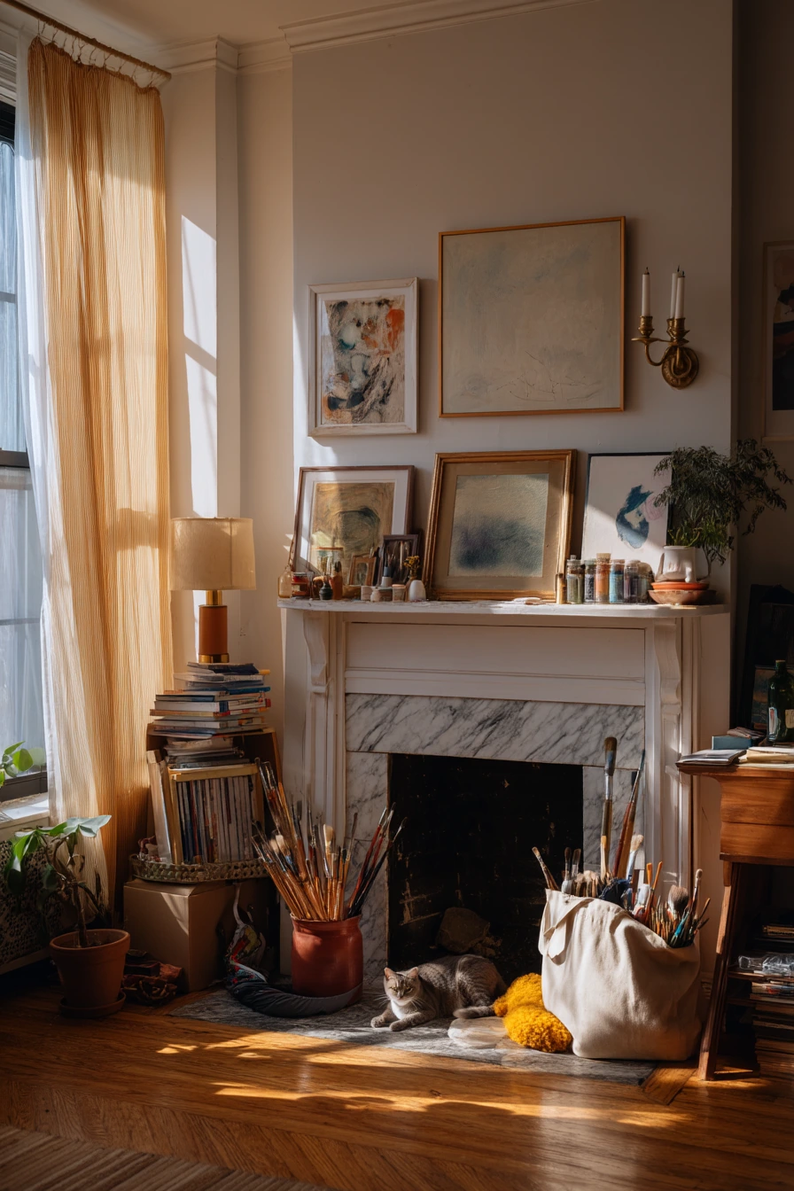 Eclectic Mantel Glow in a Real Artist Home