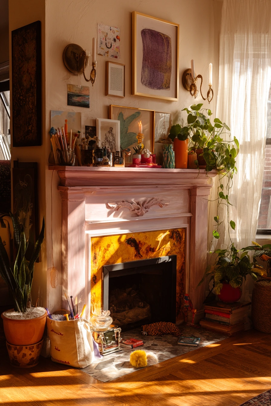 Eclectic Mantel Glow in a Real Artist Home