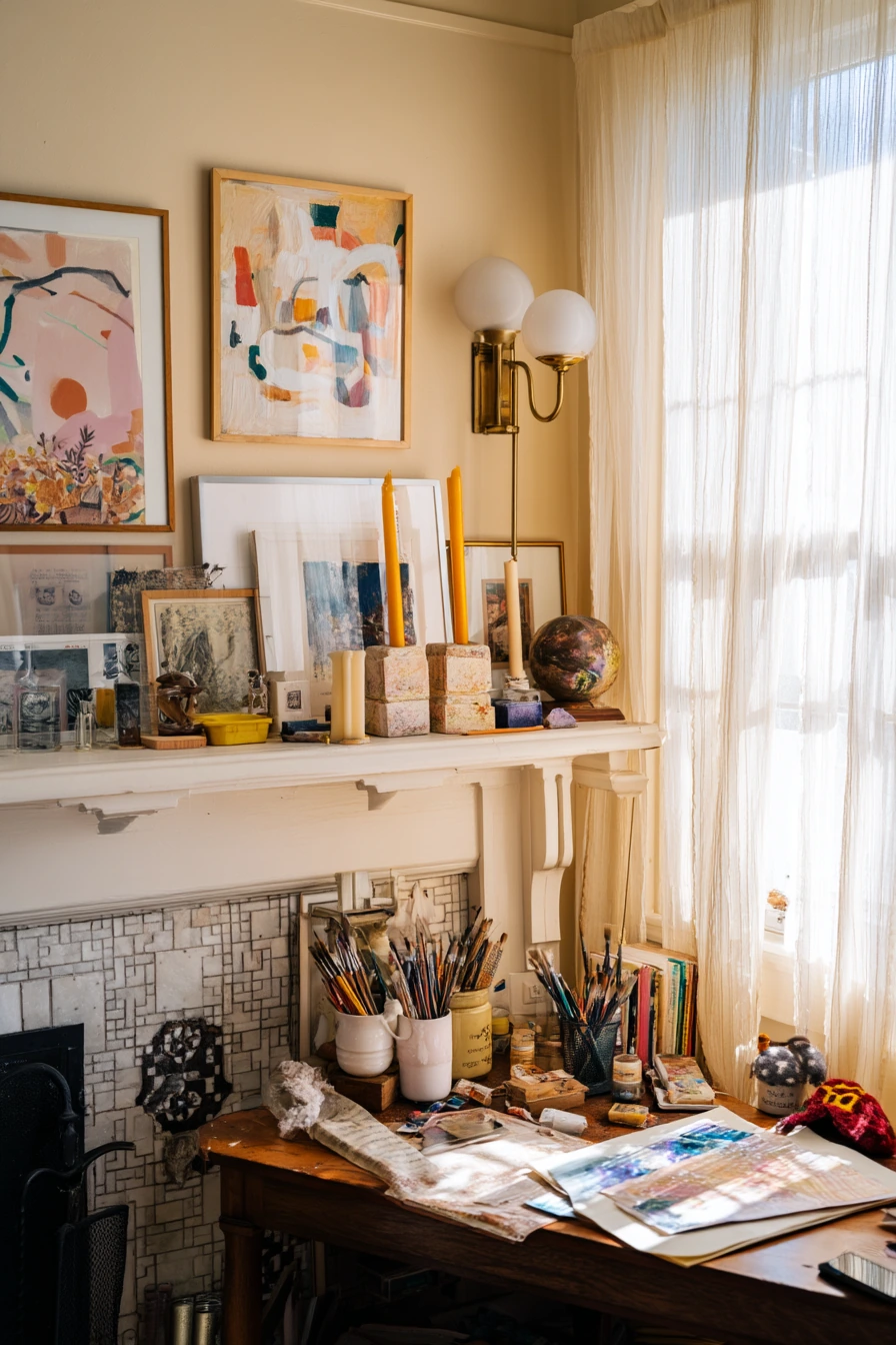 Eclectic Mantel Glow in a Real Artist Home