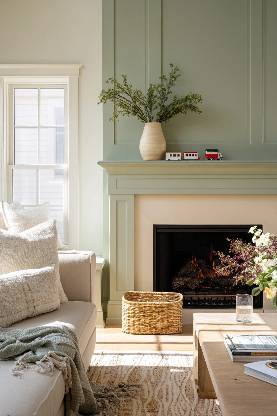 Sage Green Fireplace in a Sunlit Family Room